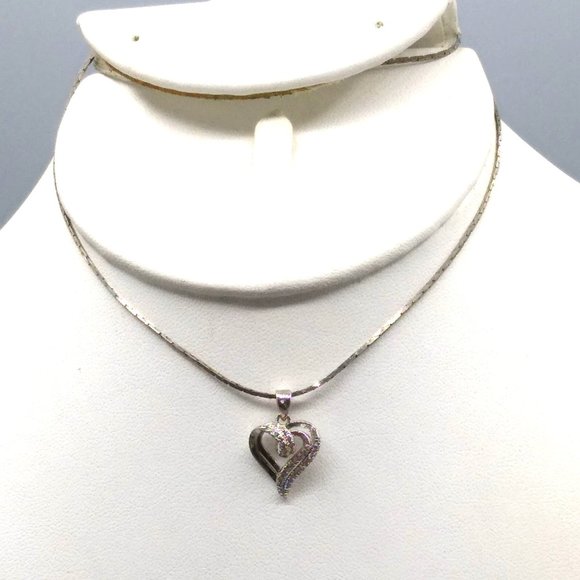 Vintage Pave CZ Heart Pendant with Double Scroll Elegant Design on Silver Tone - Picture 1 of 6